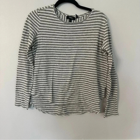 Theory Long Sleeve Gray & White Stripe Crew Neck Hi/Lo Cotton Sweater Size S GUC - Picture 2 of 8